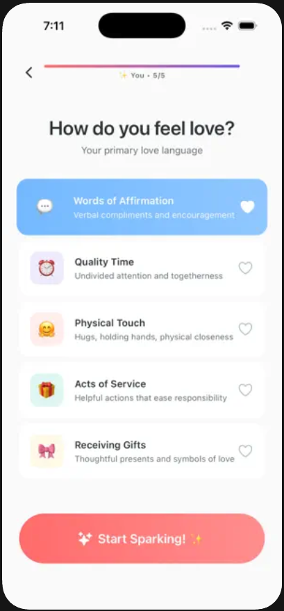 SPRKLR app on an iPhone showing the love language selection screen