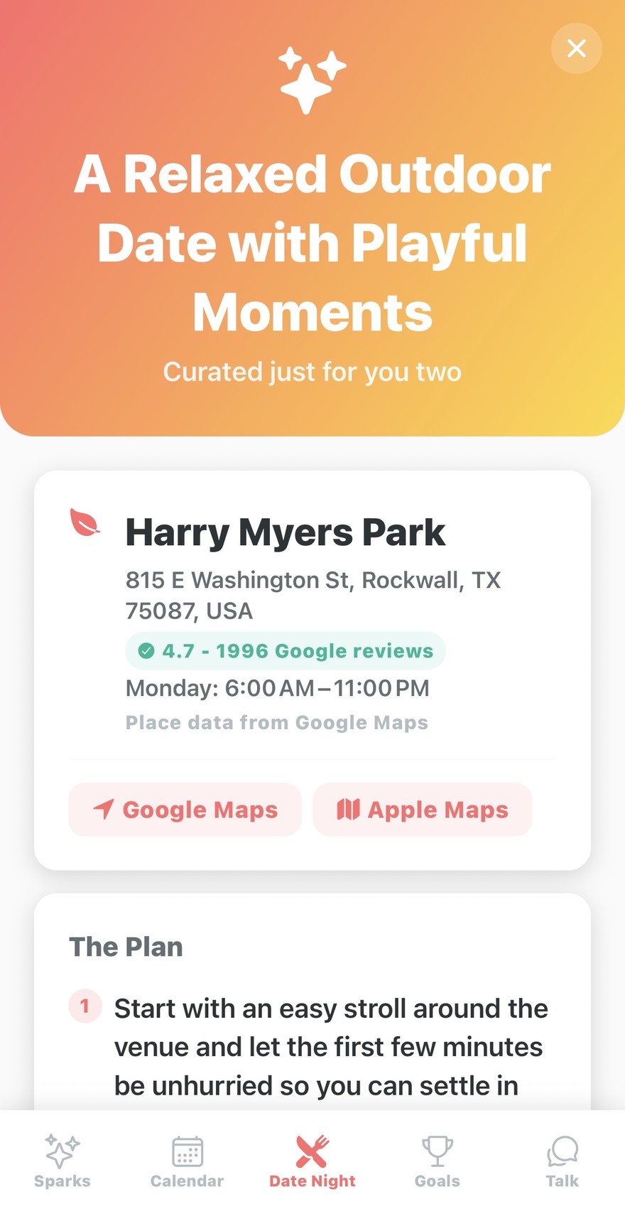 SPRKLR on an iPhone showing a planned date night at Harry Myers Park, with its address, opening hours and Google rating, above a step-by-step plan